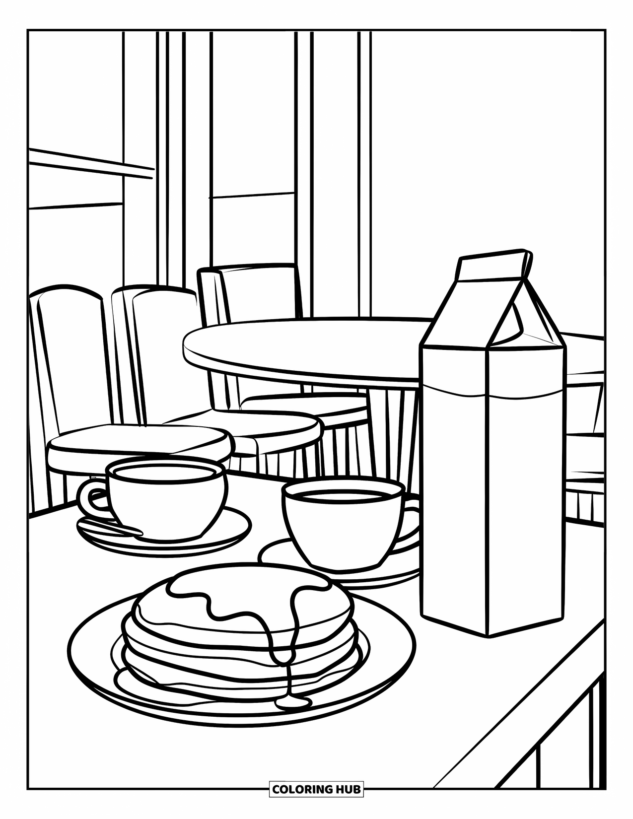 Pancake Coloring Page for Kids: A black-and-white café illustration with chairs, tables, and a delicious breakfast scene