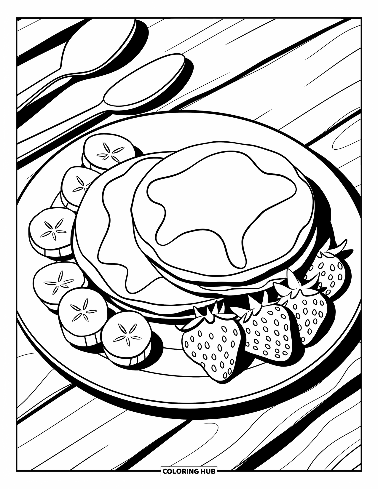 Pancake Coloring Page for Kids: A breakfast plate with pancakes, fruit slices, and utensils on a wooden table