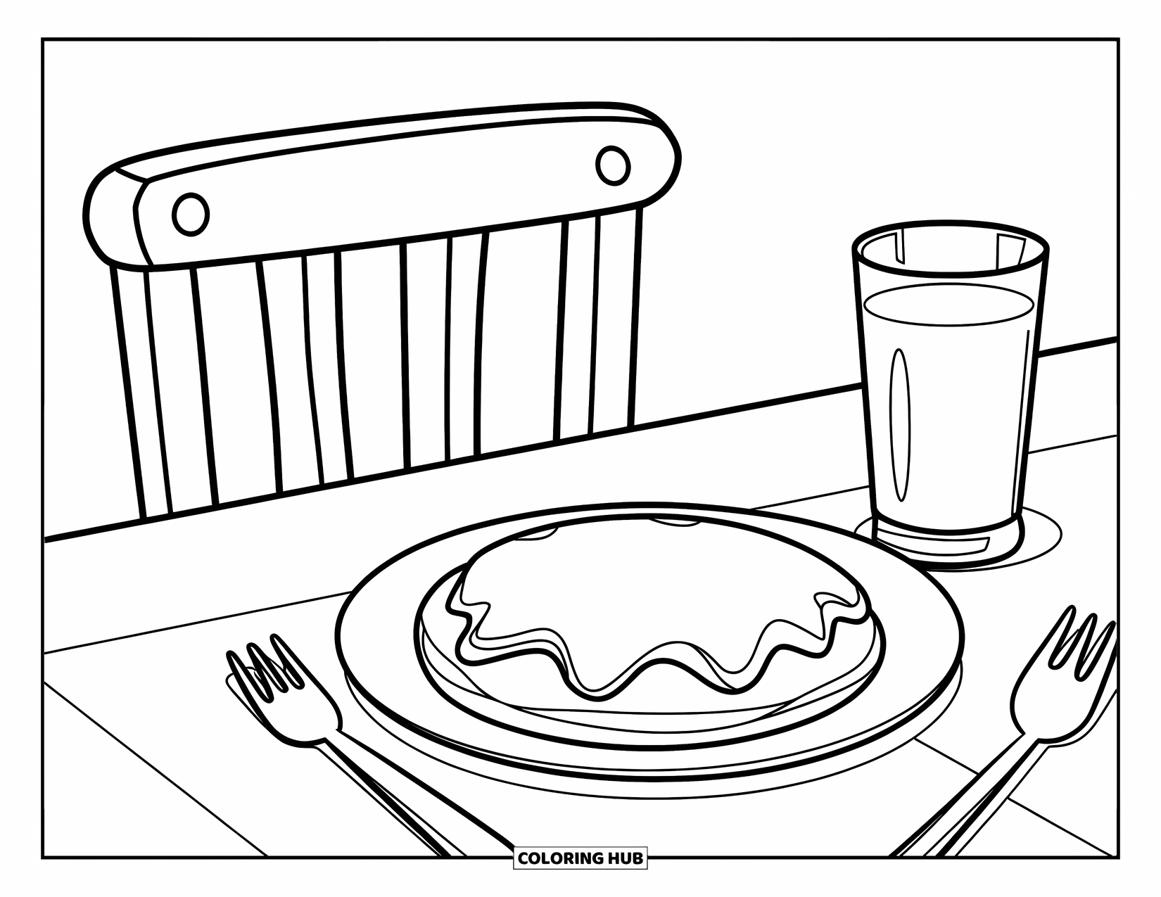 Pancake Coloring Page for Kids: A breakfast table with a pancake, a glass of milk, and a fork beside a chair