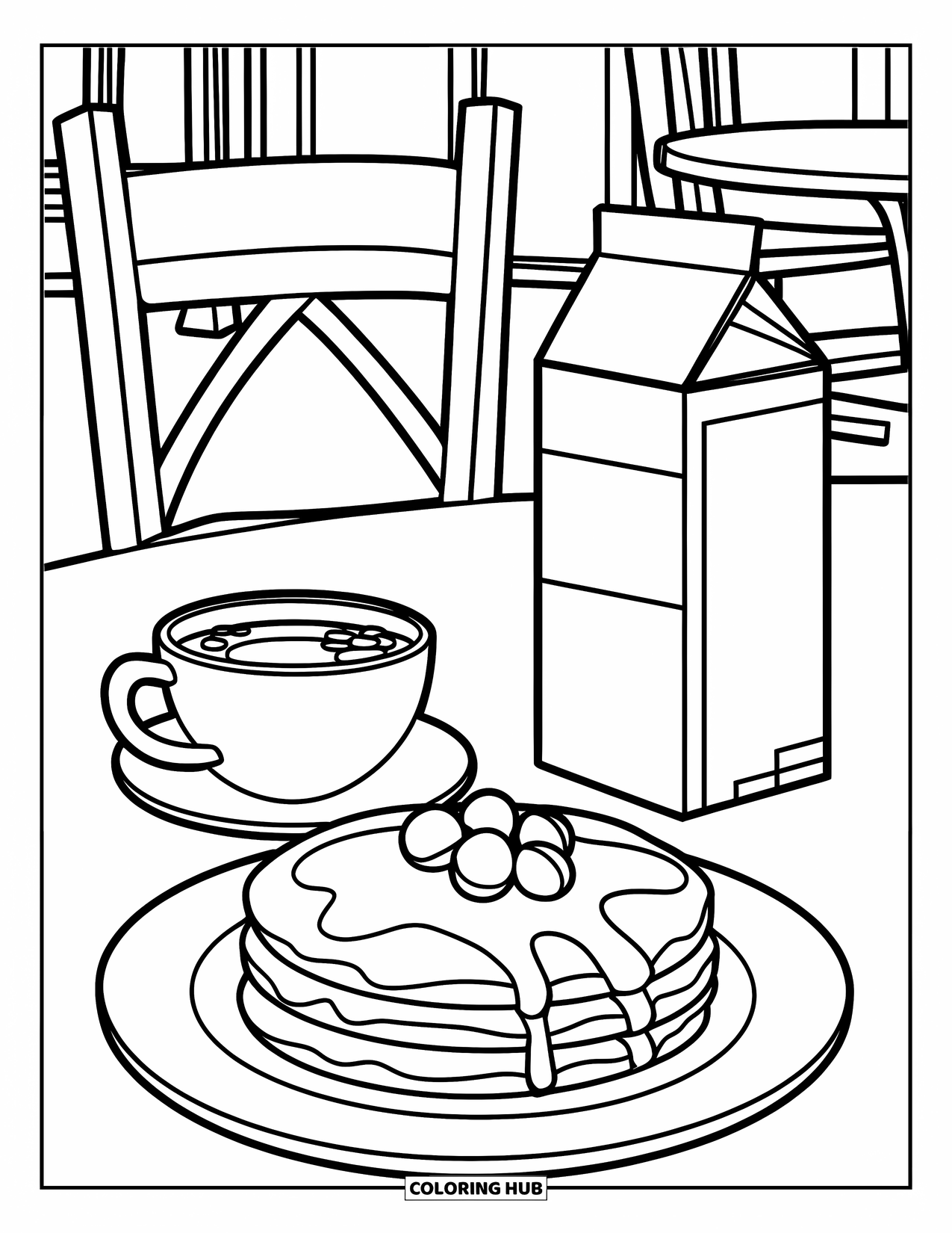 Pancake Coloring Page for Kids: A café scene with a plate of pancakes, a cup of coffee, and a milk carton