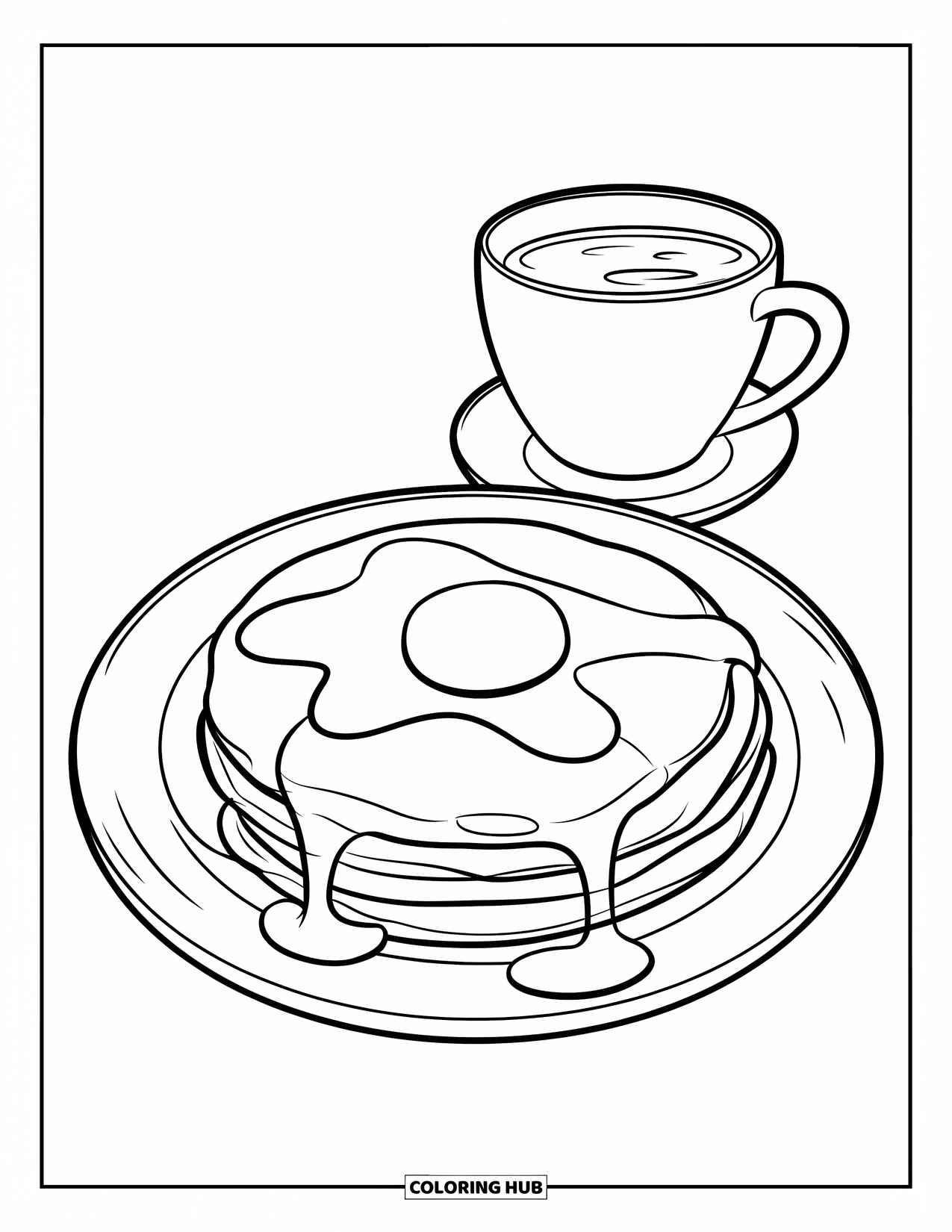 Pancake Coloring Page for Kids: A café-style pancake plate with syrup dripping over the edges and a cup of hot chocolate