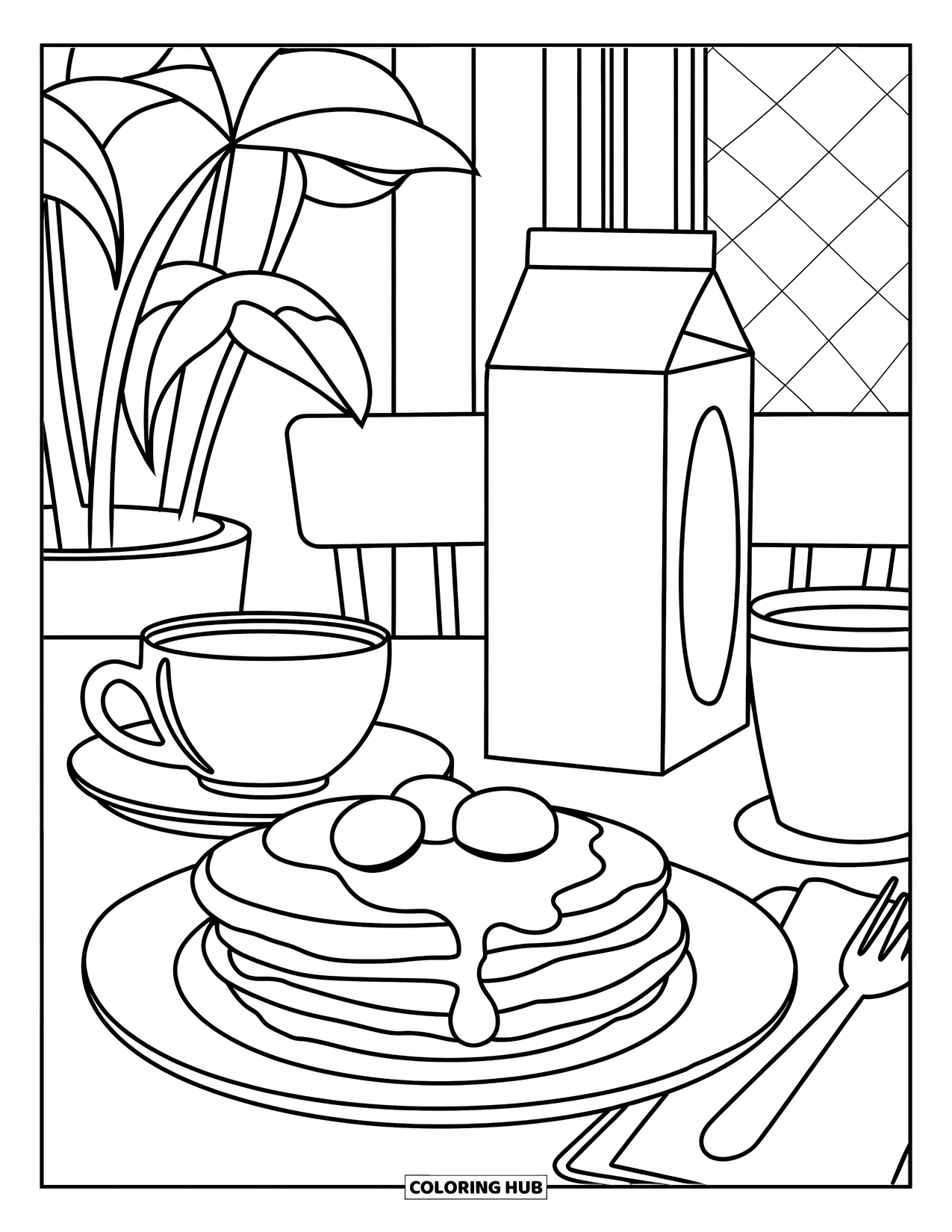 Pancake Coloring Page for Kids: A charming café illustration with pancakes, a coffee cup, a potted plant, and a patterned wall