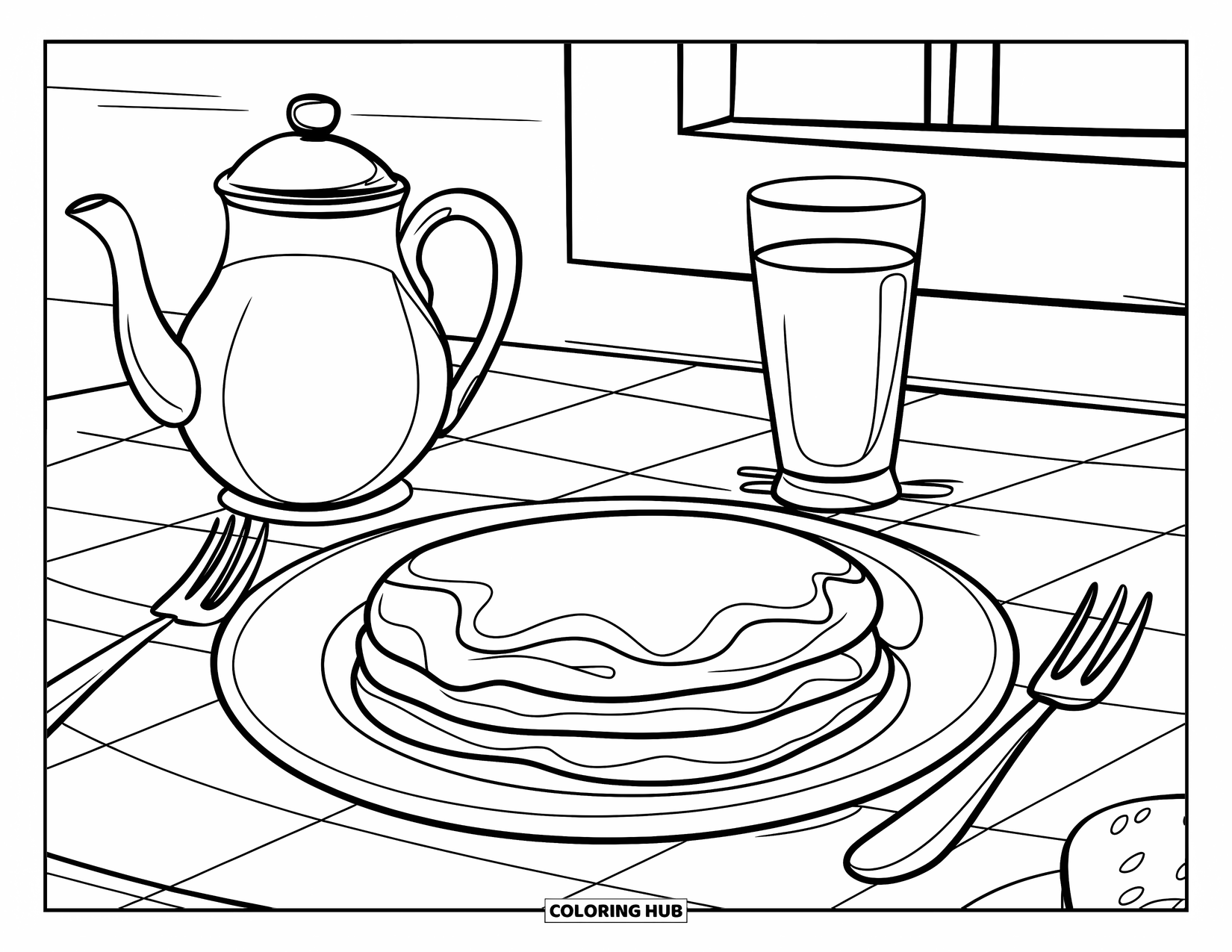 Pancake Coloring Page for Kids: A checkered breakfast table with a pancake, a teapot, and a window in the background