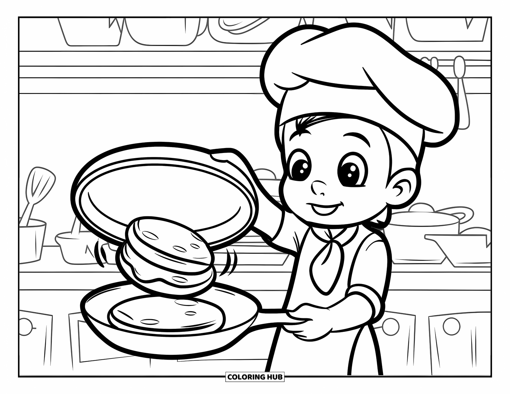 Pancake Coloring Page for Kids: A cheerful chef flips a pancake in a skillet in a busy kitchen