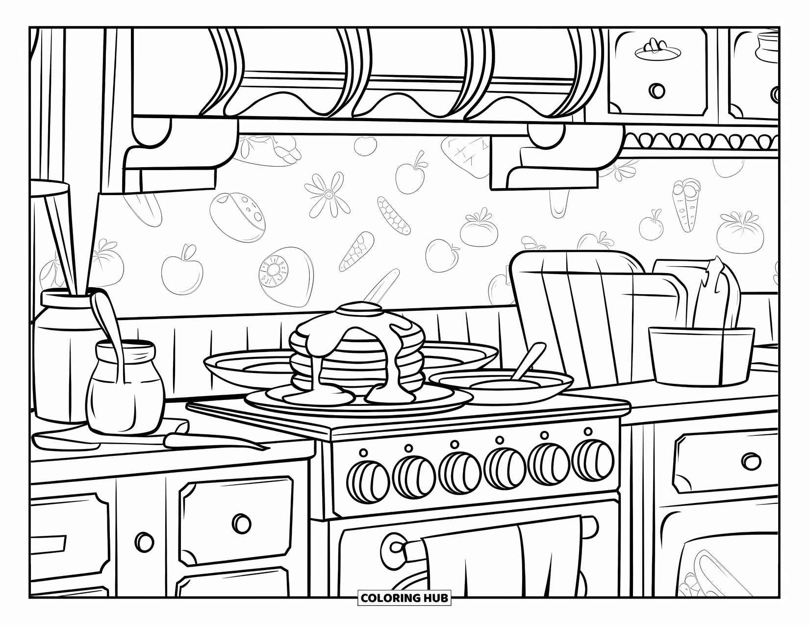 Pancake Coloring Page for Kids: A cozy kitchen with a vintage feel, featuring pancakes, wooden cabinets, and a fruit-patterned wall