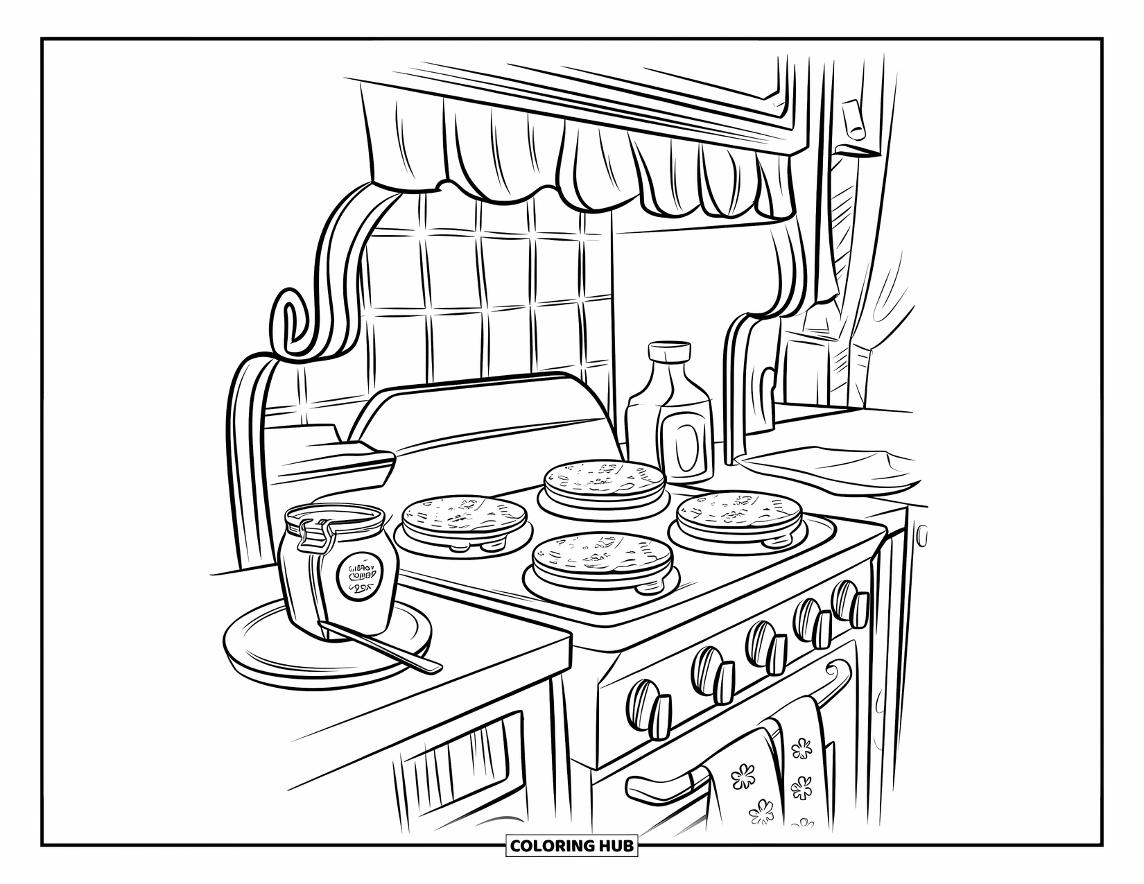 Pancake Coloring Page for Kids: A cozy kitchen with pancakes cooking on the stove, a jar of jam, and a vintage wooden setting