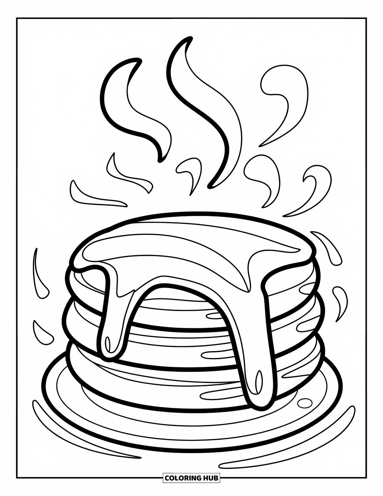 Pancake Coloring Page for Kids: A cute stack of three pancakes with steam rising from the top