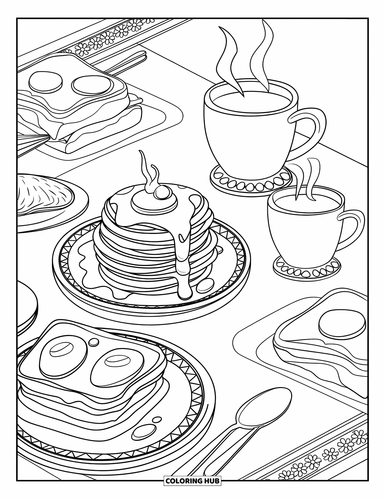 Pancake Coloring Page for Kids: A decorative breakfast spread with pancakes, toast, eggs, and a steaming mug in a style