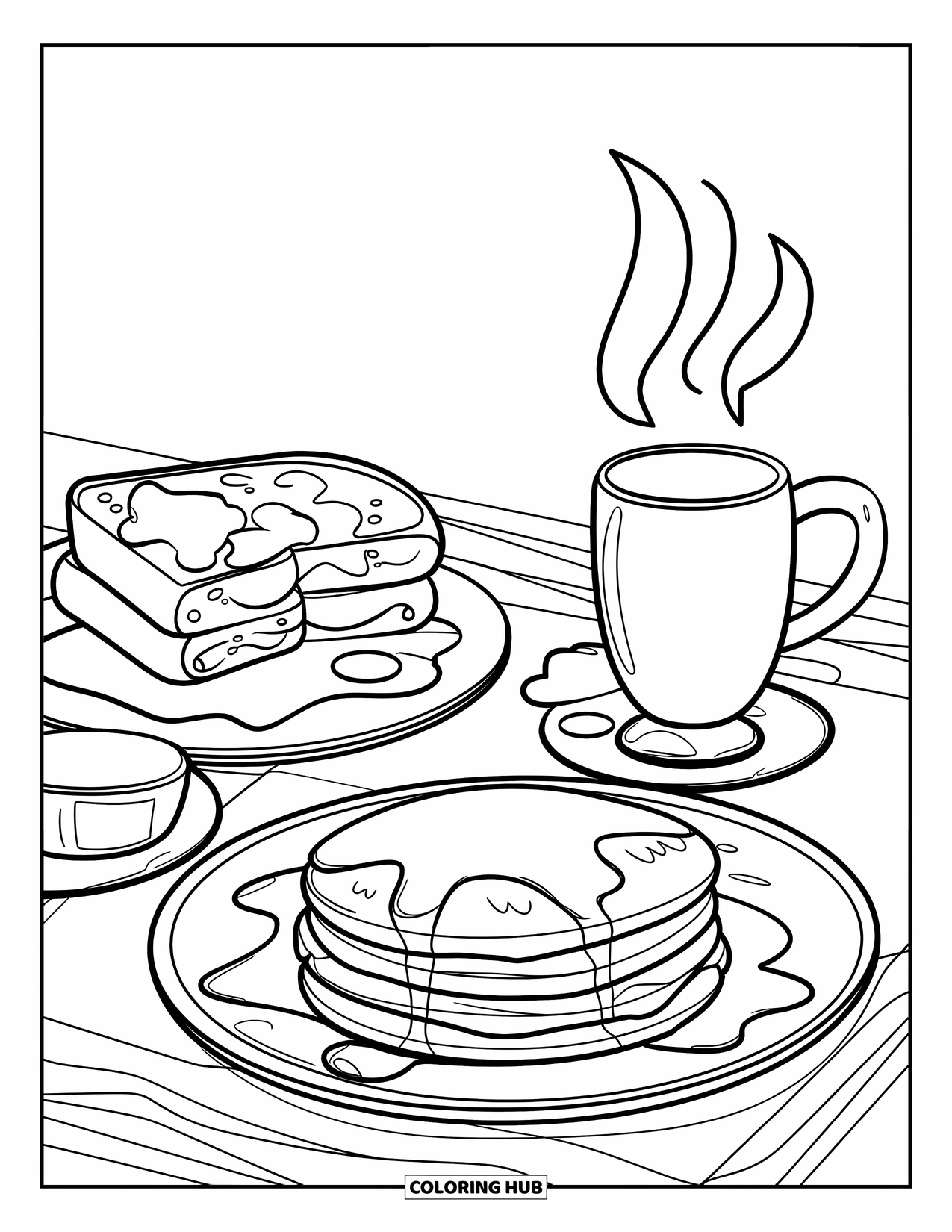 Pancake Coloring Page for Kids: A delicious breakfast scene with pancakes, toast, eggs, and a steaming mug, drawn with bold outlines