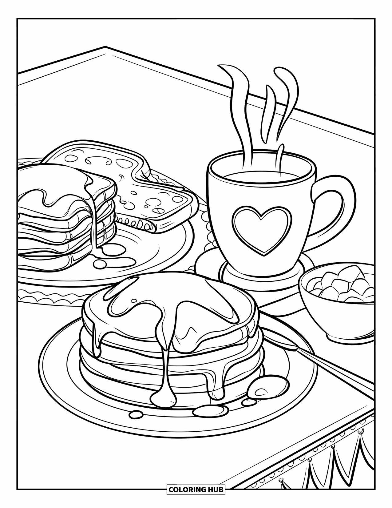 Pancake Coloring Page for Kids: A delicious breakfast setup with syrup-covered pancakes, scrambled eggs, and a cozy coffee mug