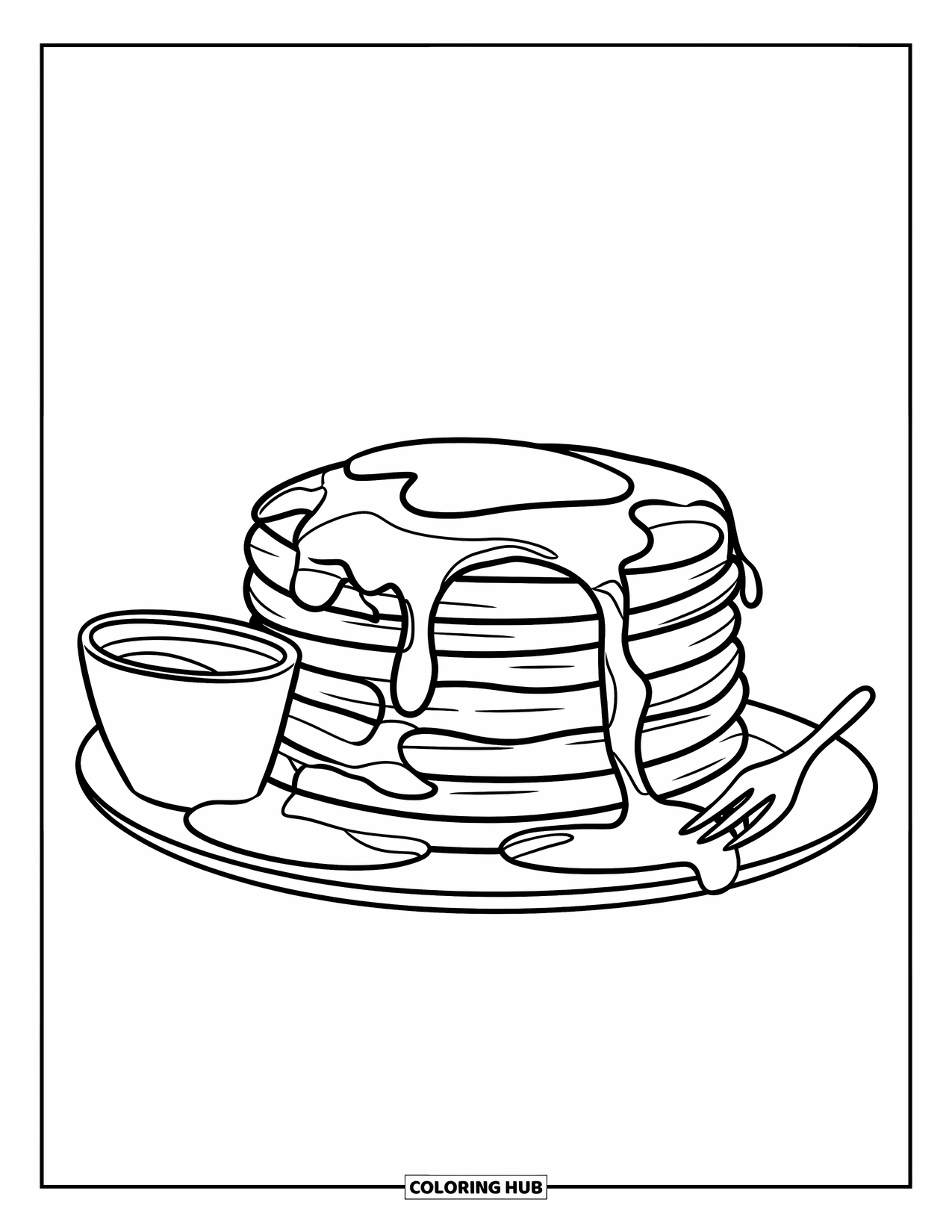 Pancake Coloring Page for Kids: A delicious pancake plate with syrup in a small container, a fork, and a neatly stacked presentation