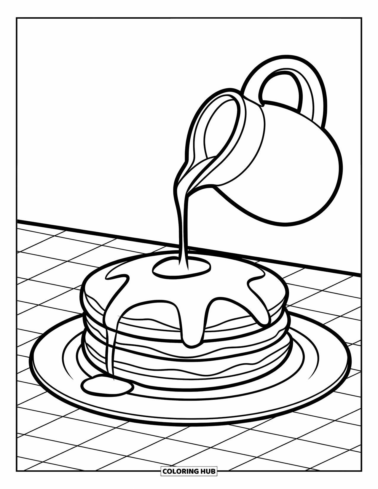 Pancake Coloring Page for Kids: A fluffy pancake stack on a checkered table with syrup pouring from a jug