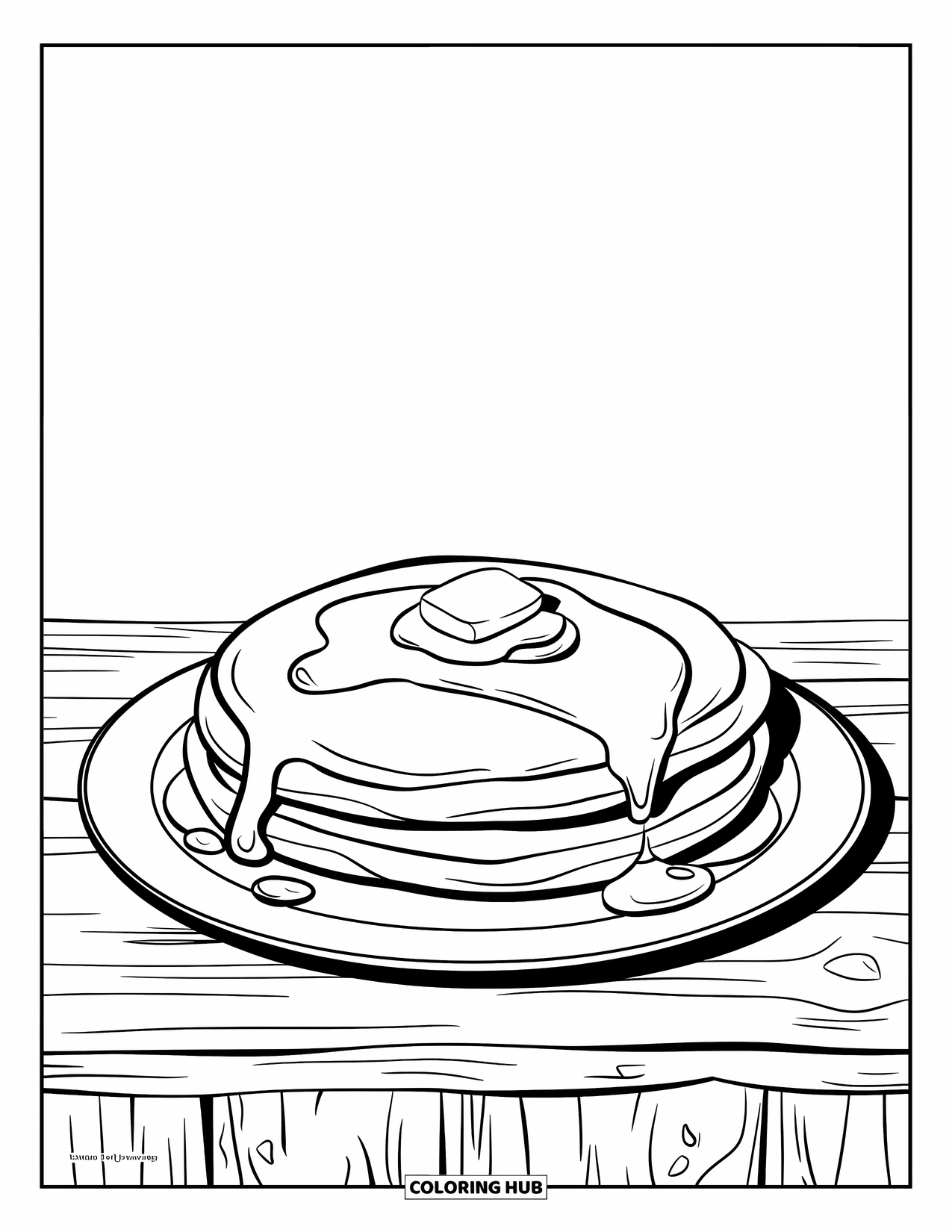 Pancake Coloring Page for Kids: A fluffy pancake with butter on top and syrup dripping on a wooden table