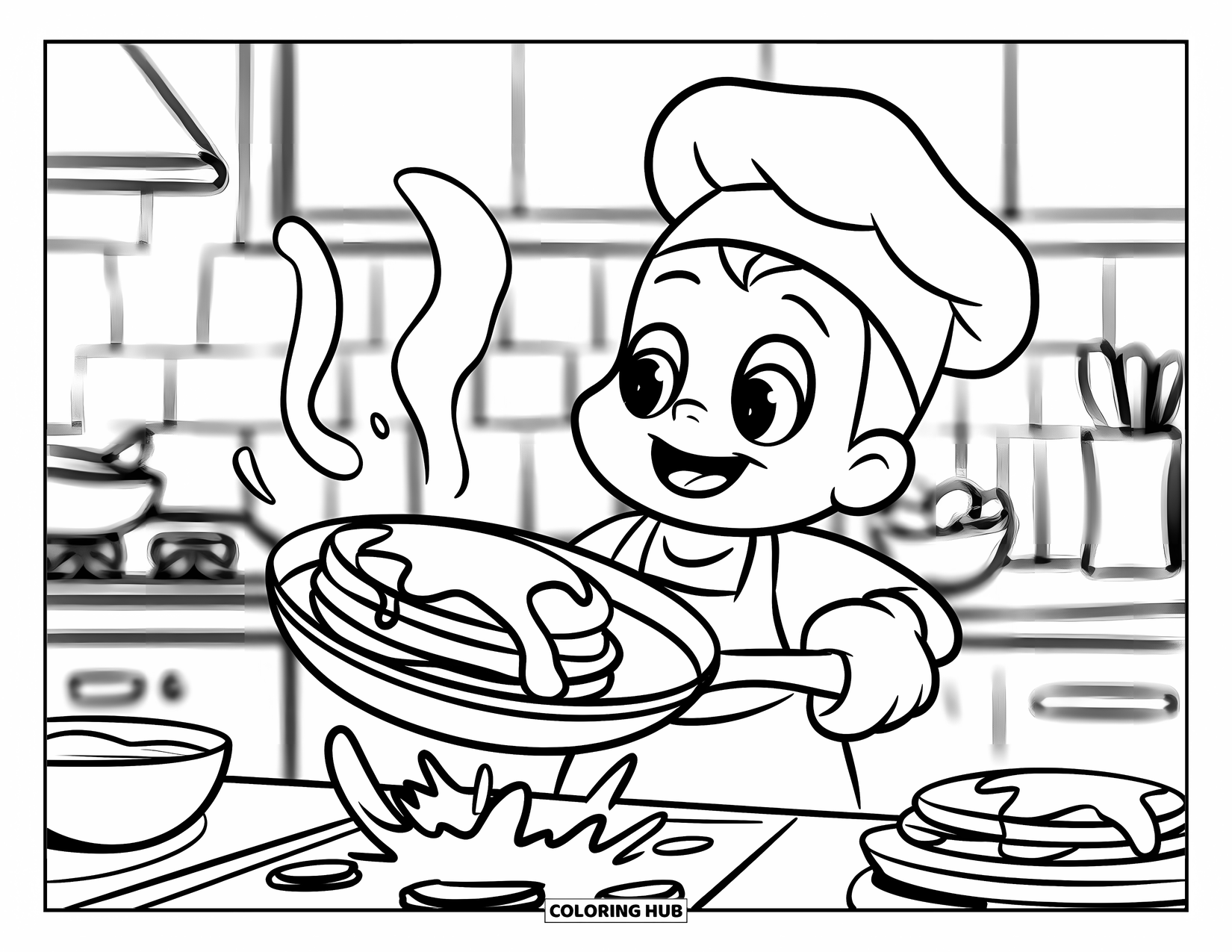Pancake Coloring Page for Kids: A happy chef in a hat and apron flips a fluffy pancake with an oven mitt