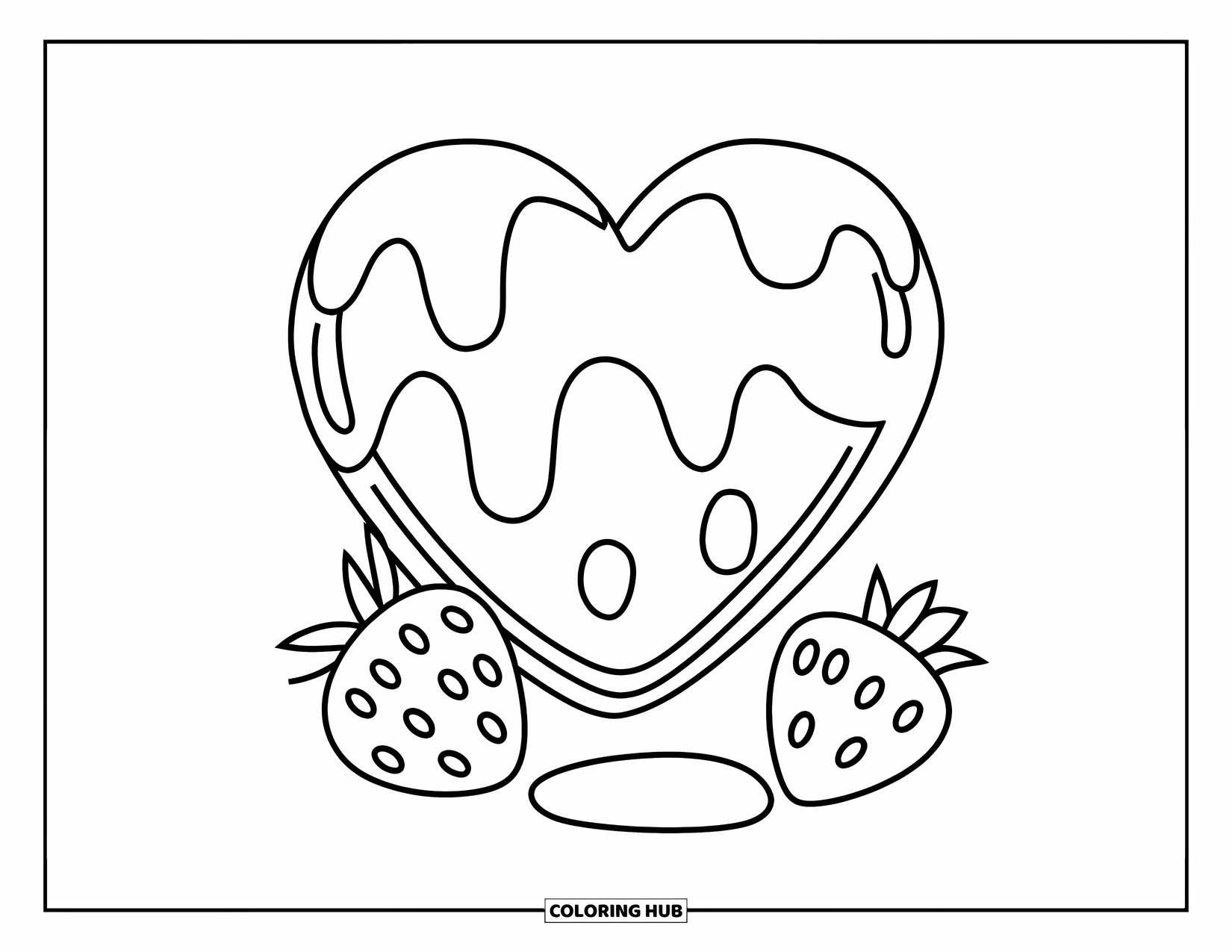Pancake Coloring Page for Kids: A heart-shaped pancake with syrup and strawberries placed beside it