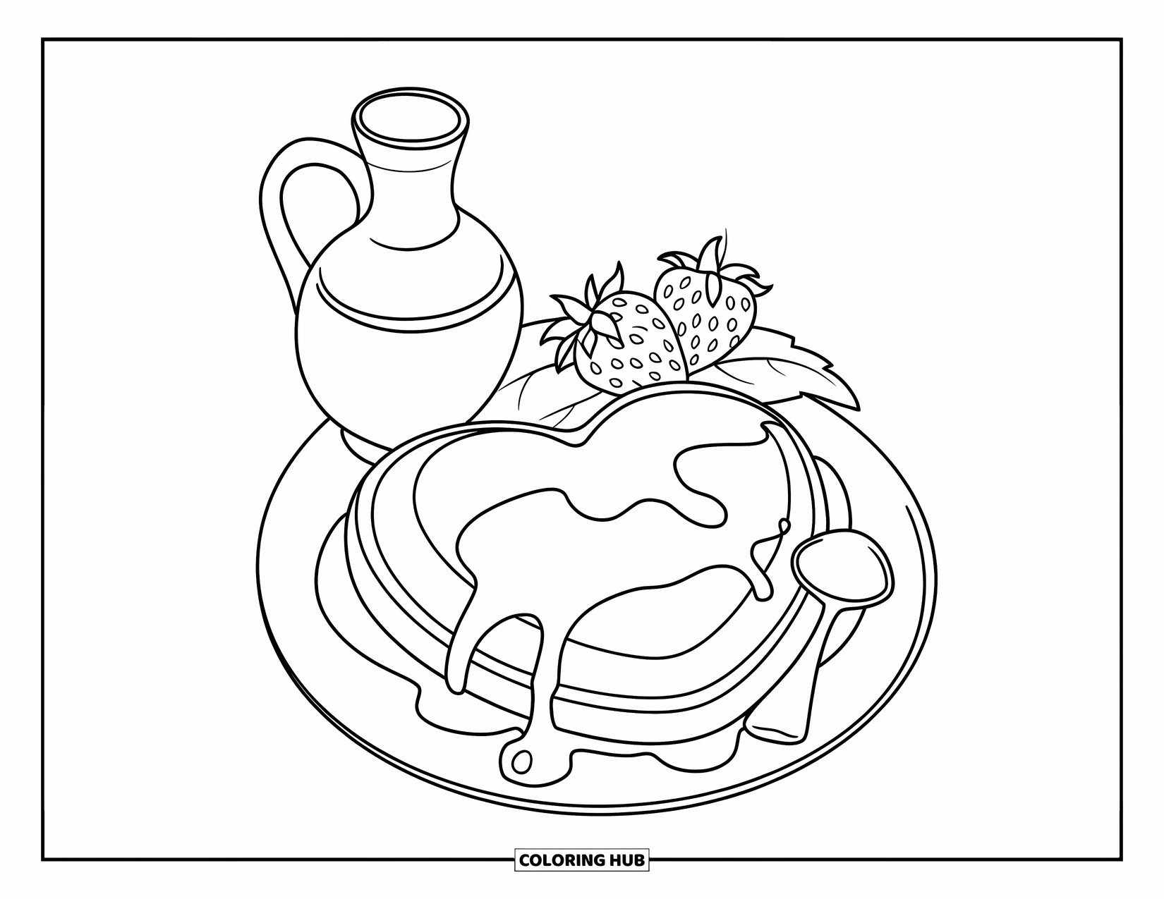 Pancake Coloring Page for Kids: A heart-shaped pancake with syrup on a plate, with strawberries and a spoon nearby