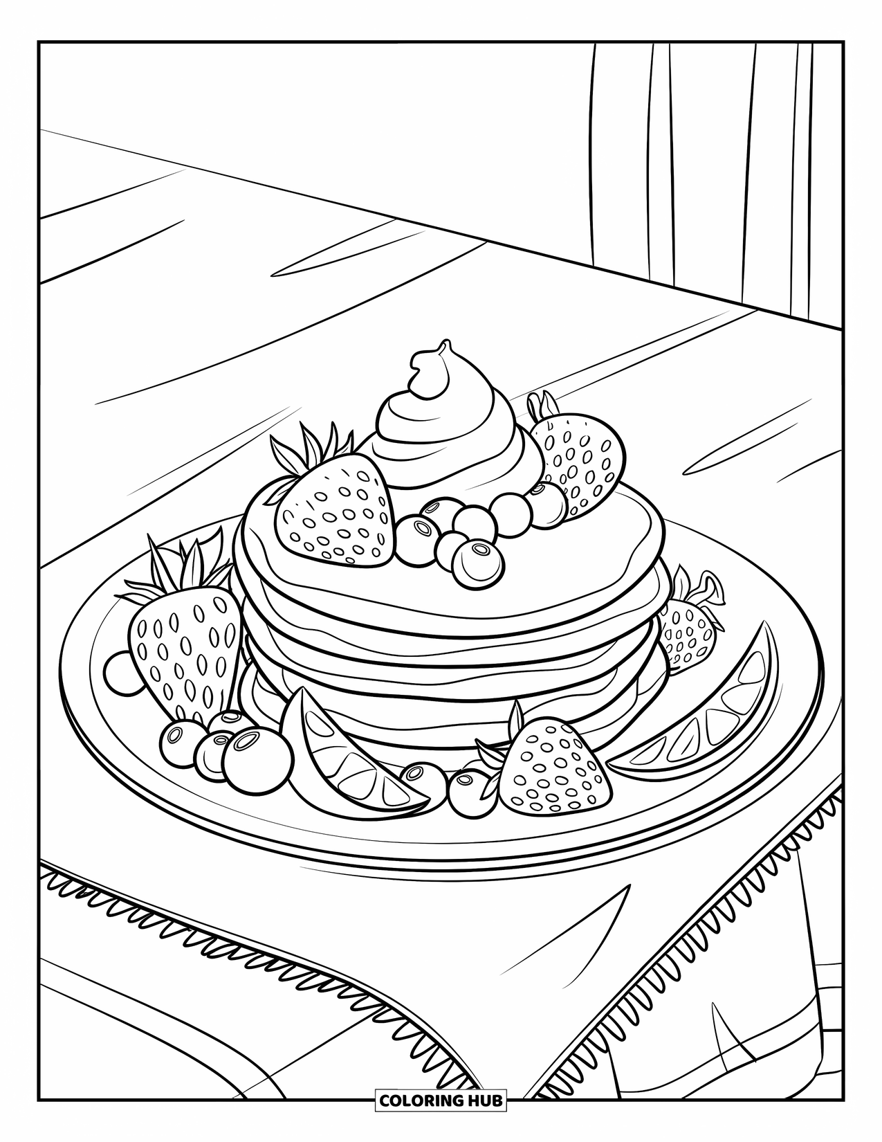 Pancake Coloring Page for Kids: A high-stacked pancake illustration with syrup, fruit toppings, and a clean, simple background