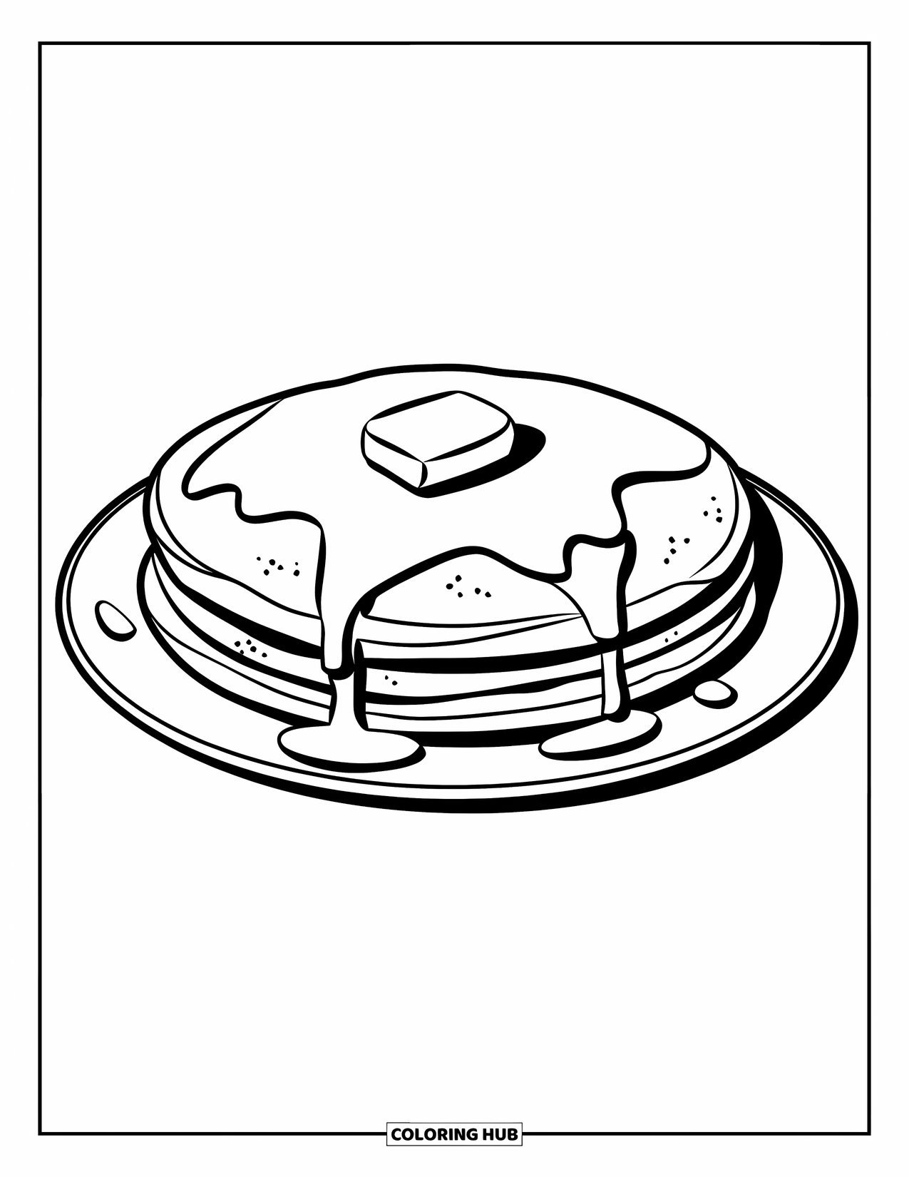 Pancake Coloring Page for Kids: A large pancake on a plate with melting butter and syrup dripping down the sides