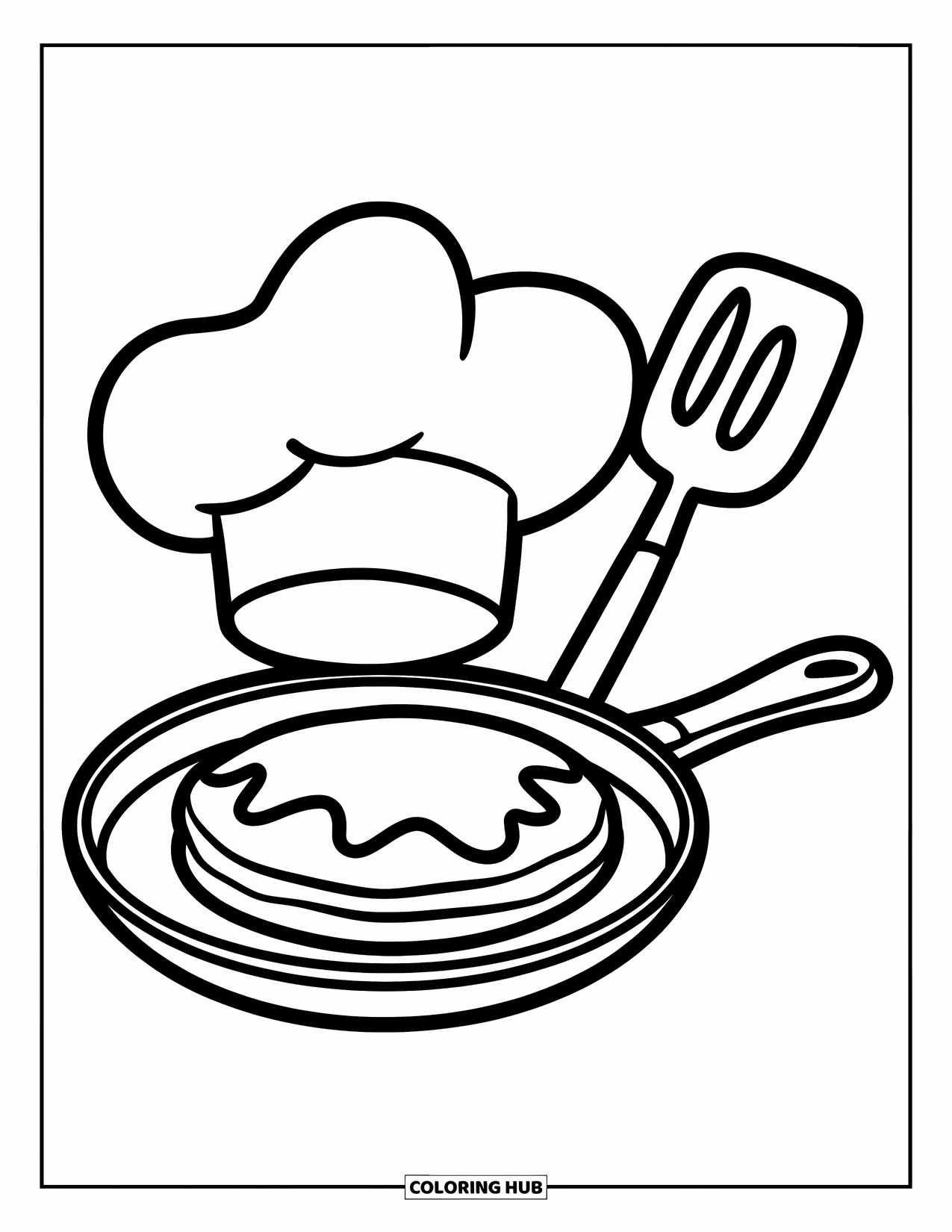 Pancake Coloring Page for Kids: A large smiling chef's hat and spatula next to a pancake in a skillet