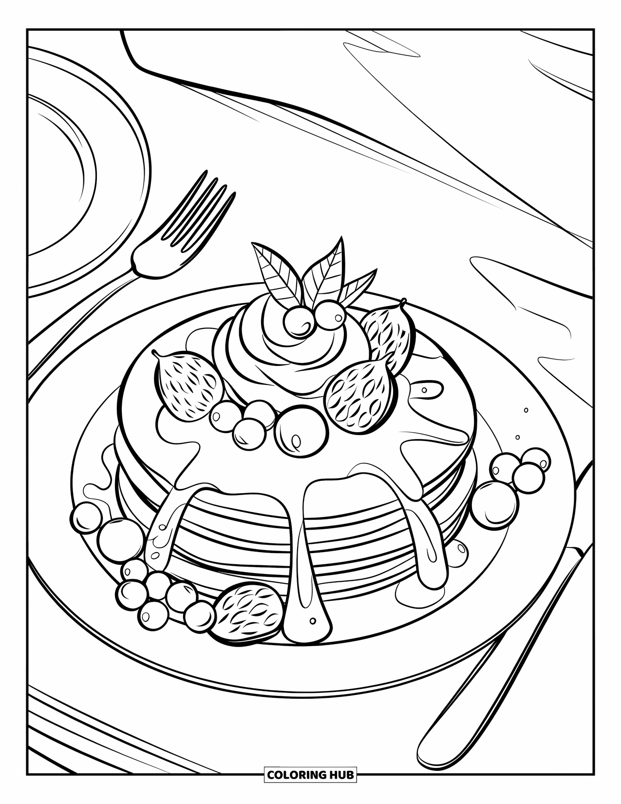 Pancake Coloring Page for Kids: A modern pancake plate illustration with bold outlines, a fork and knife, and an artistic design