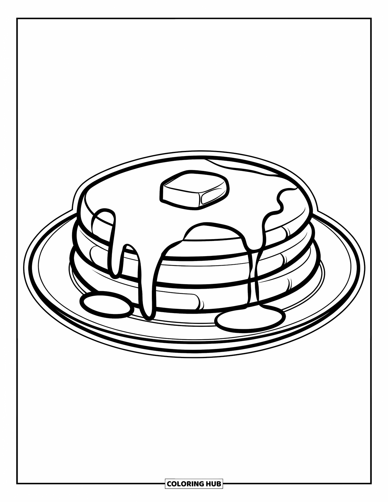 Pancake Coloring Page for Kids: A pancake on a plate with butter melting and syrup flowing down the sides