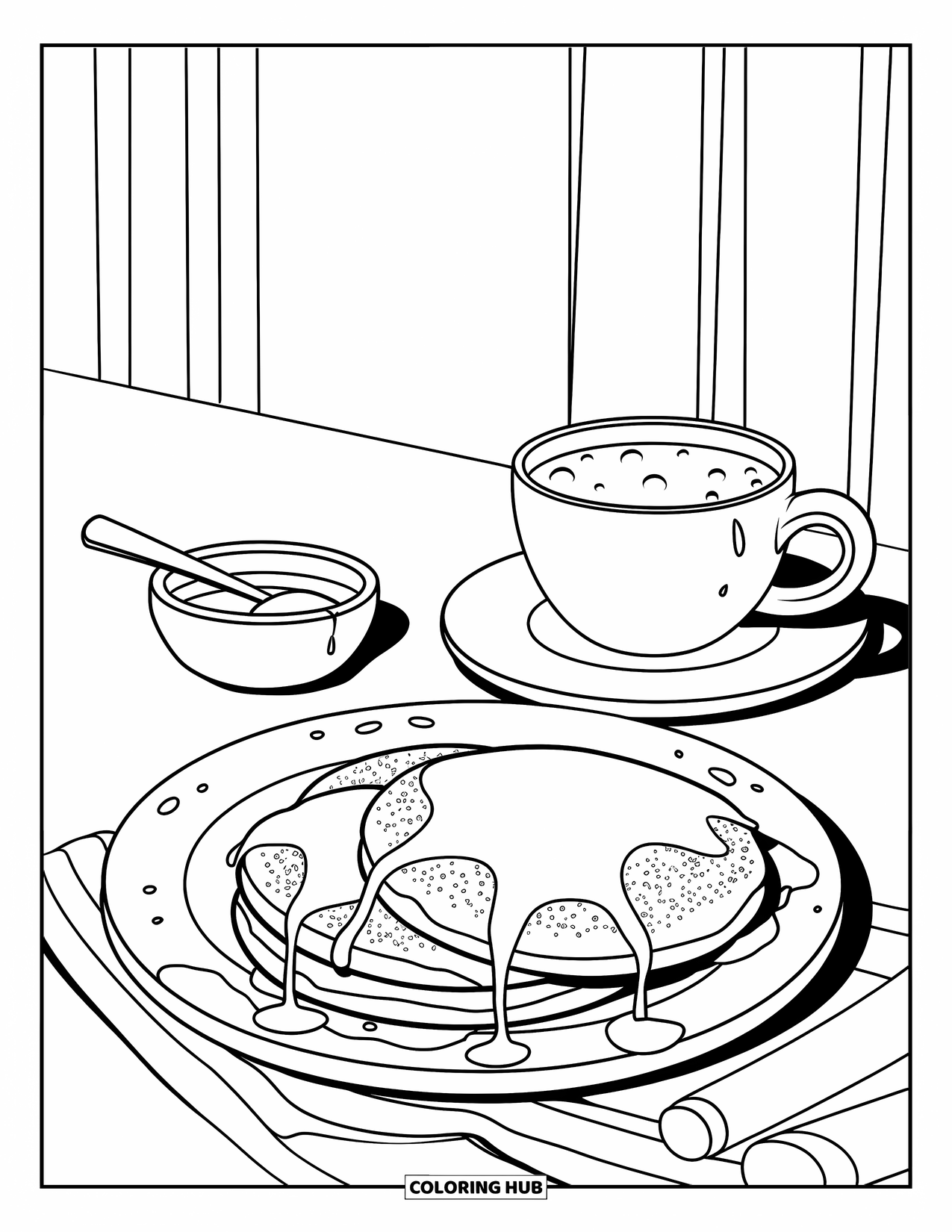 Pancake Coloring Page for Kids: A pancake plate with powdered sugar, a syrup bowl, and a hot chocolate cup