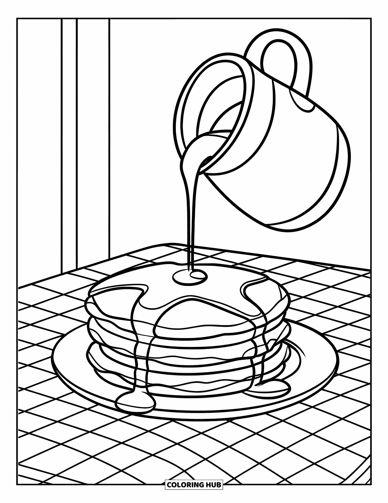 Pancake Coloring Page for Kids: A pancake stack on a checkered table with syrup pouring from above