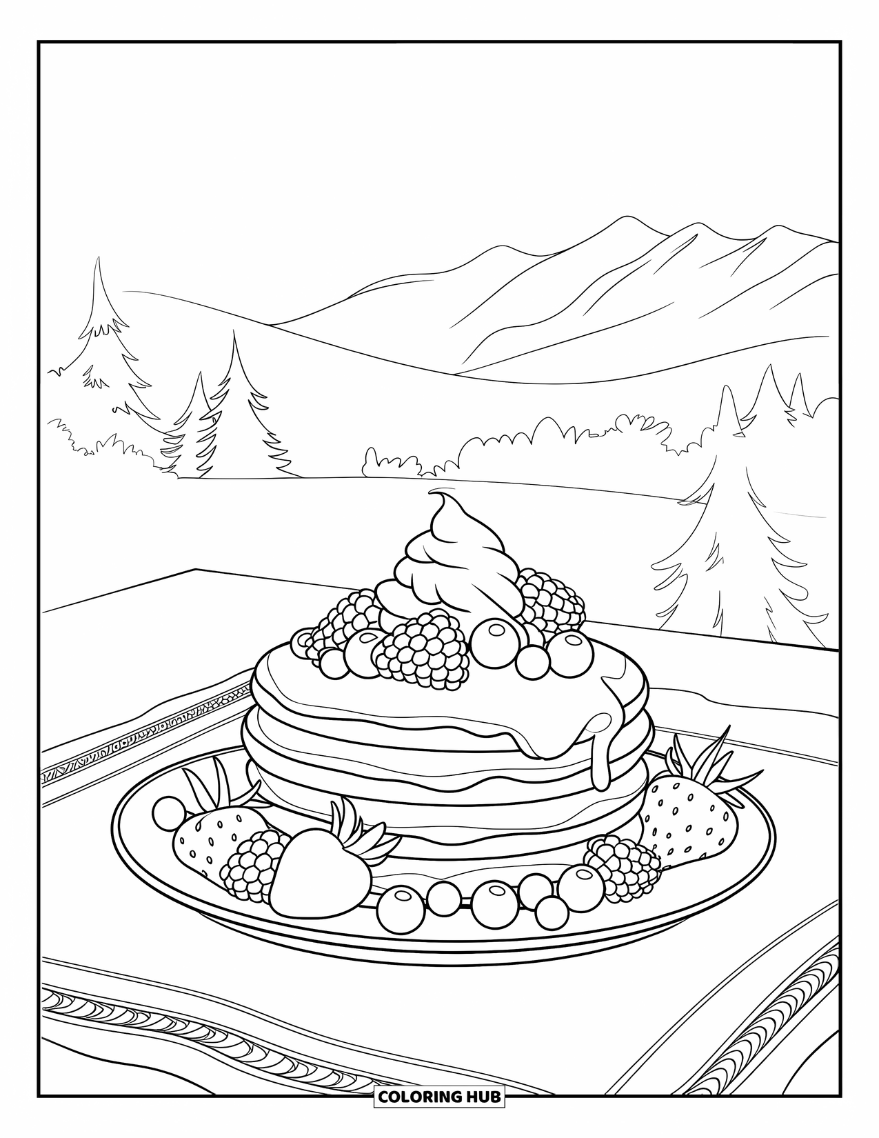 Pancake Coloring Page for Kids: A pancake stack with elegant fruit arrangements, whipped cream, and a scenic background of mountains and trees