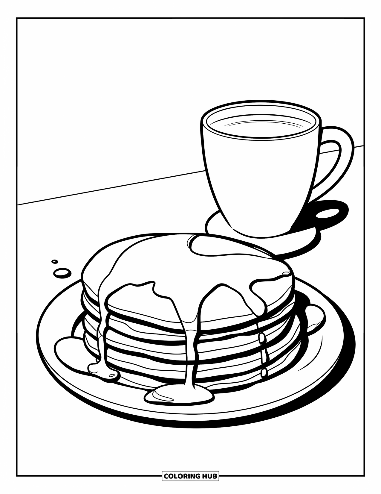Pancake Coloring Page for Kids: A plate of pancakes with syrup drizzling down, served with hot chocolate