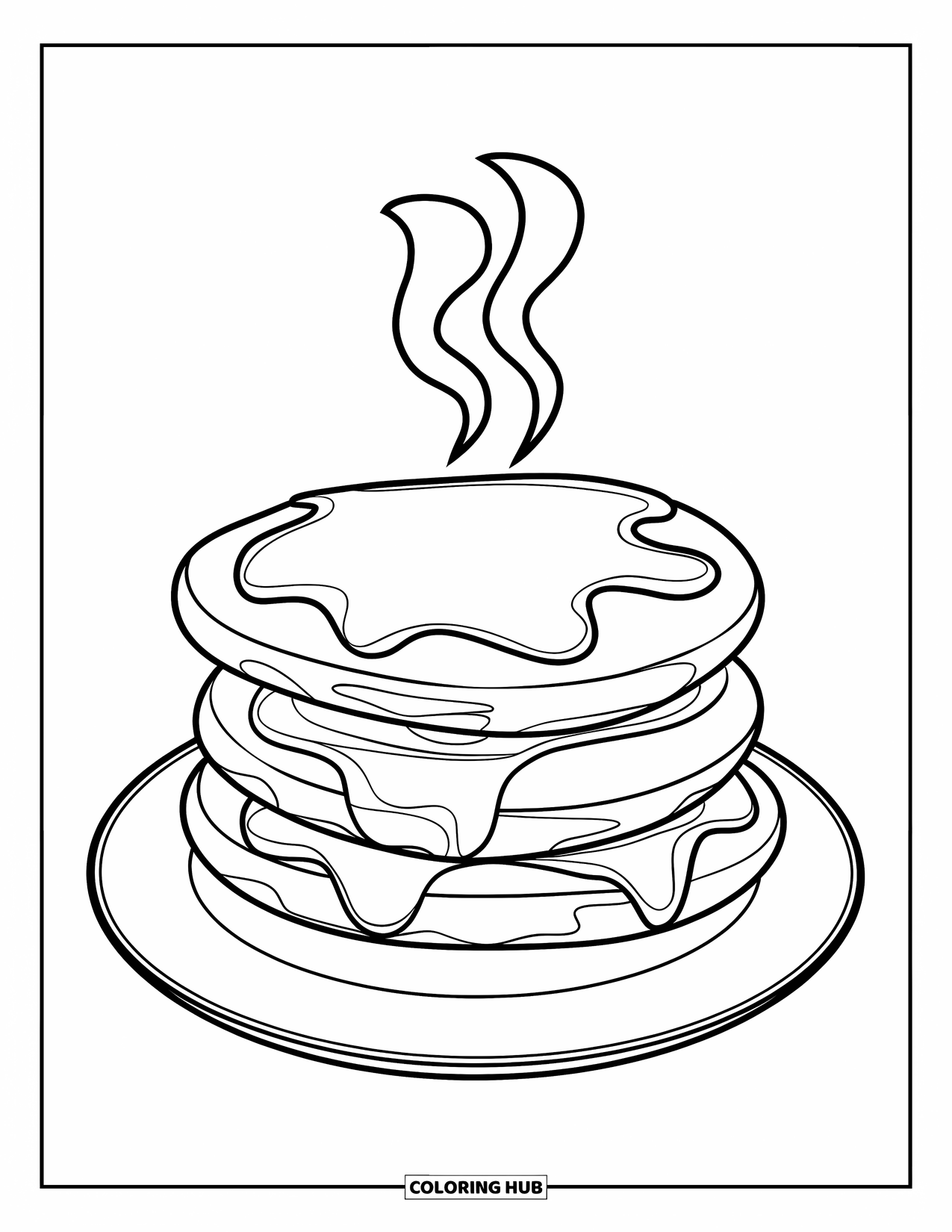 Pancake Coloring Page for Kids: A plate of three pancakes with steam rising from the top pancake