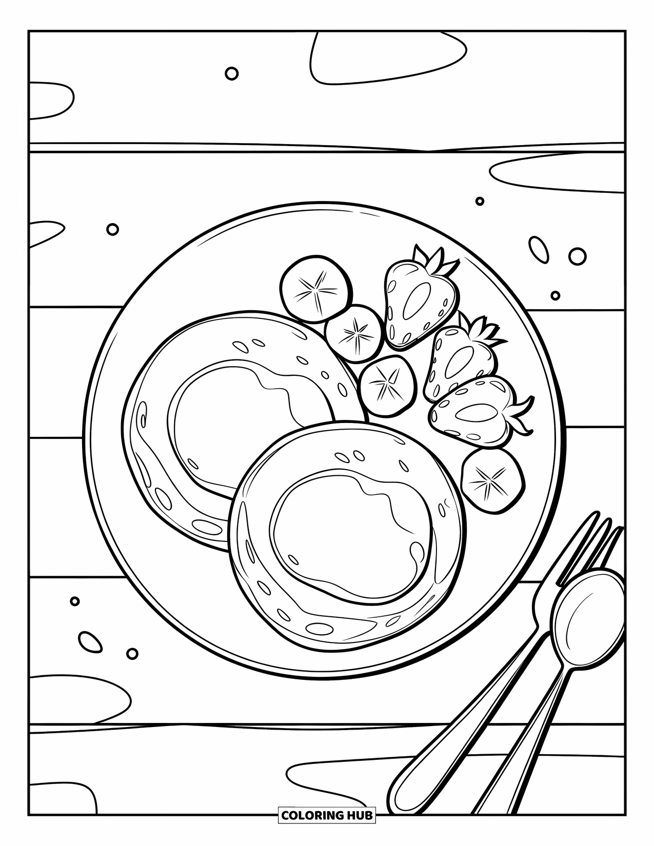 Pancake Coloring Page for Kids: A plate with pancakes, bananas, and strawberries, placed on a wooden surface with utensils