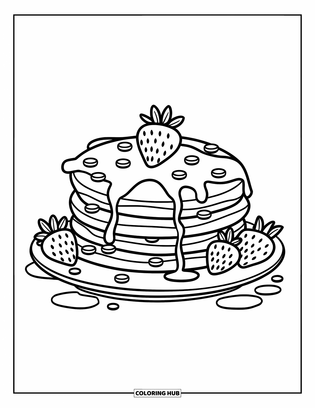Pancake Coloring Page for Kids: A stack of pancakes with syrup drizzling down the sides, topped with strawberries