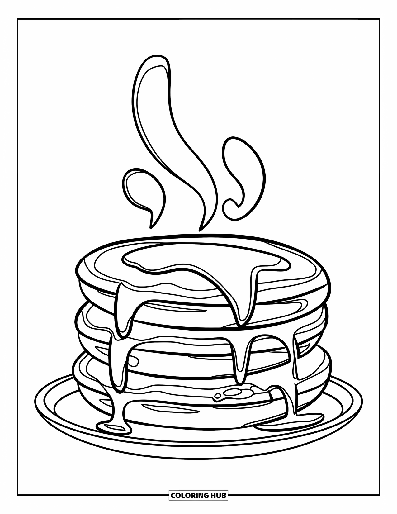 Pancake Coloring Page for Kids: A steaming stack of three pancakes with bold, thick lines