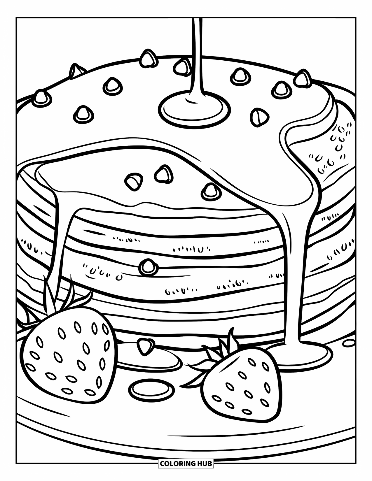 Pancake Coloring Page for Kids: A tall pancake stack with chocolate chips, strawberries, and dripping syrup
