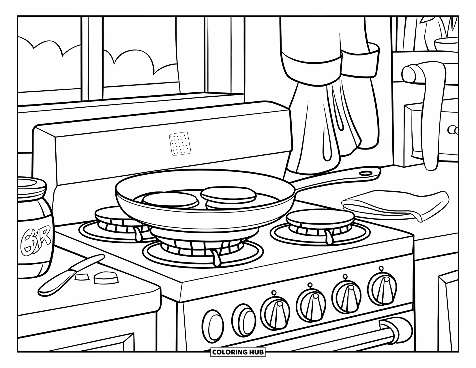 Pancake Coloring Page for Kids: A warm, inviting kitchen scene with a classic stove, pancakes cooking, and a window with a curtain