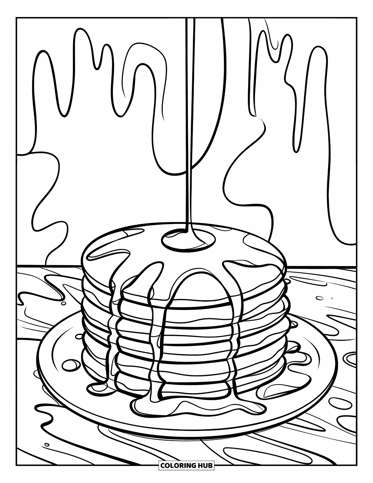 Pancake Coloring Page for Kids: An artistic angle of a pancake stack with wavy syrup patterns and bold outlines for coloring