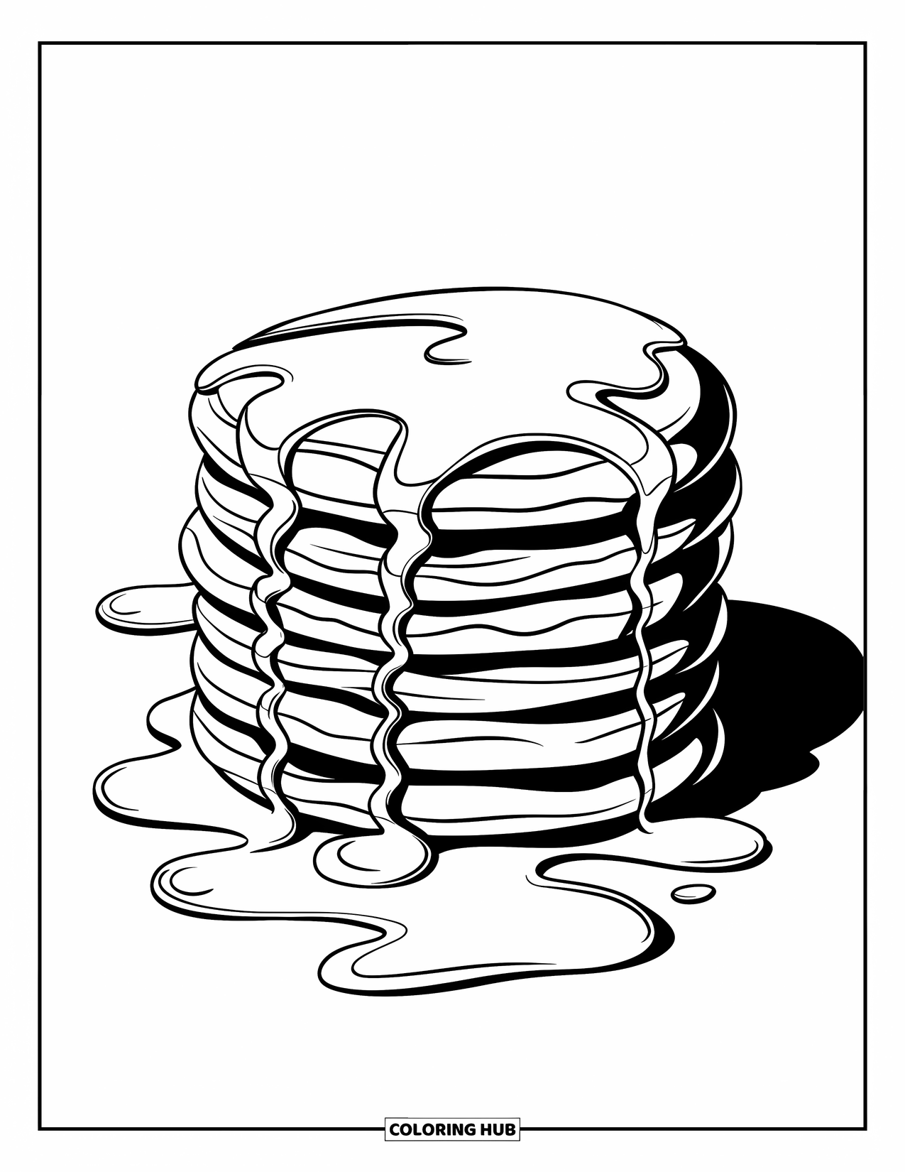 Pancake Coloring Page for Kids: An artistic syrup-drizzled pancake illustration with a unique perspective and clean, bold outlines