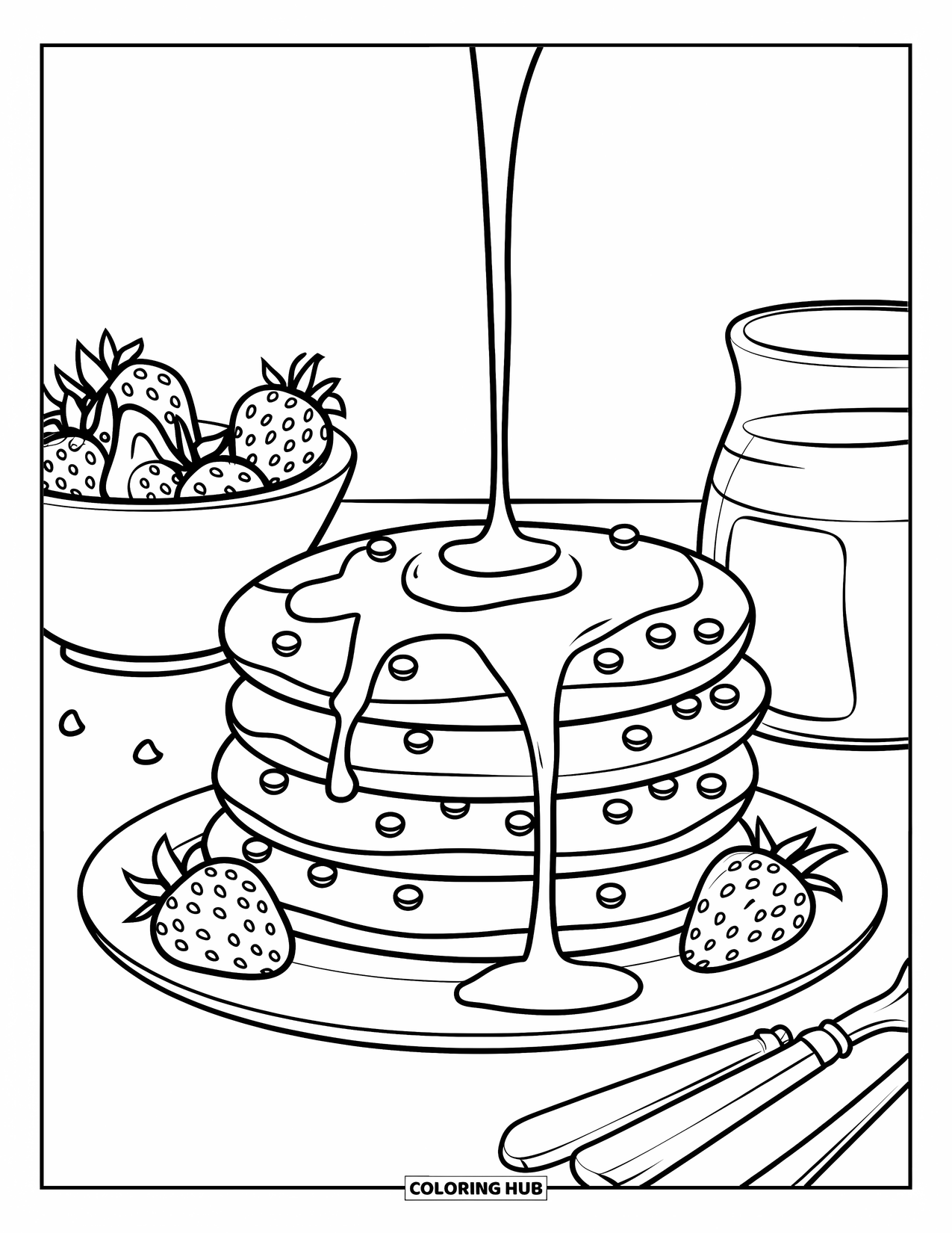 Pancake Coloring Page for Kids: Three pancakes stacked on a plate with chocolate chips, strawberries, and syrup