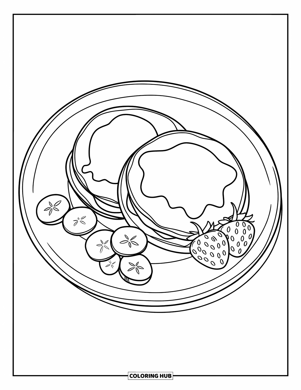 Pancake Coloring Page for Kids: Two pancakes on a plate with sliced bananas and strawberries on the side