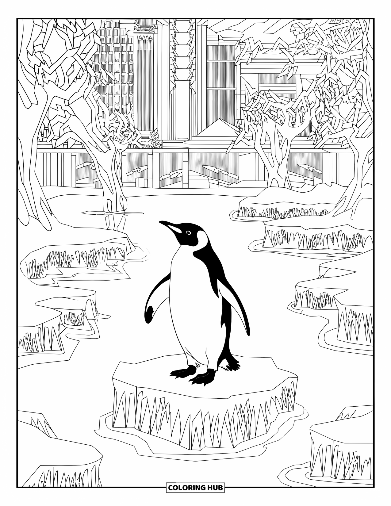 Penguin Coloring Page for Adults: A beautifully detailed penguin stands on ice, with a frozen lake and frosty trees behind