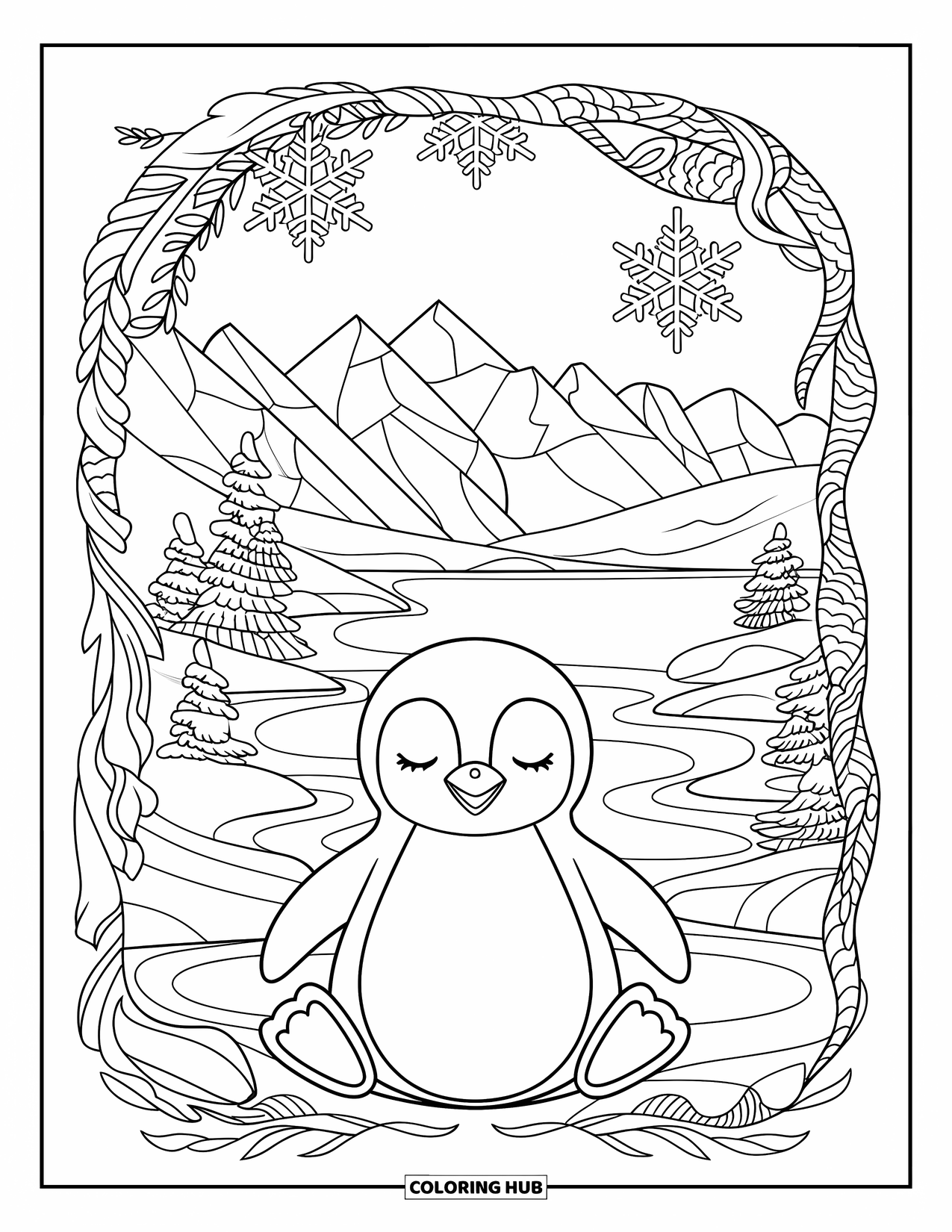 Penguin Coloring Page for Adults: A detailed penguin sits by a lake, surrounded by twisted trees and a snowy mountain range