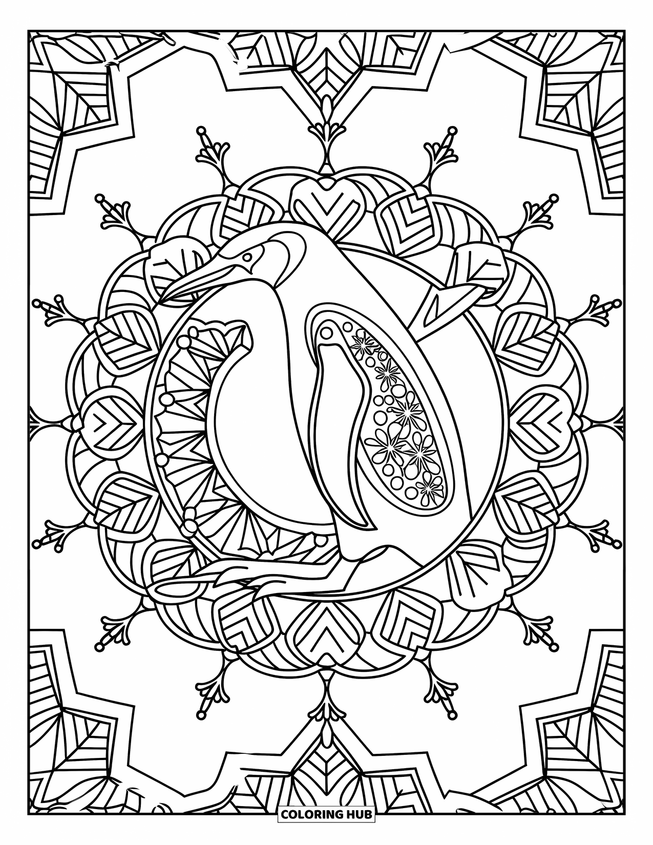 Penguin Coloring Page for Adults: A detailed penguin sits in the center of a mandala filled with snowy and icy motifs