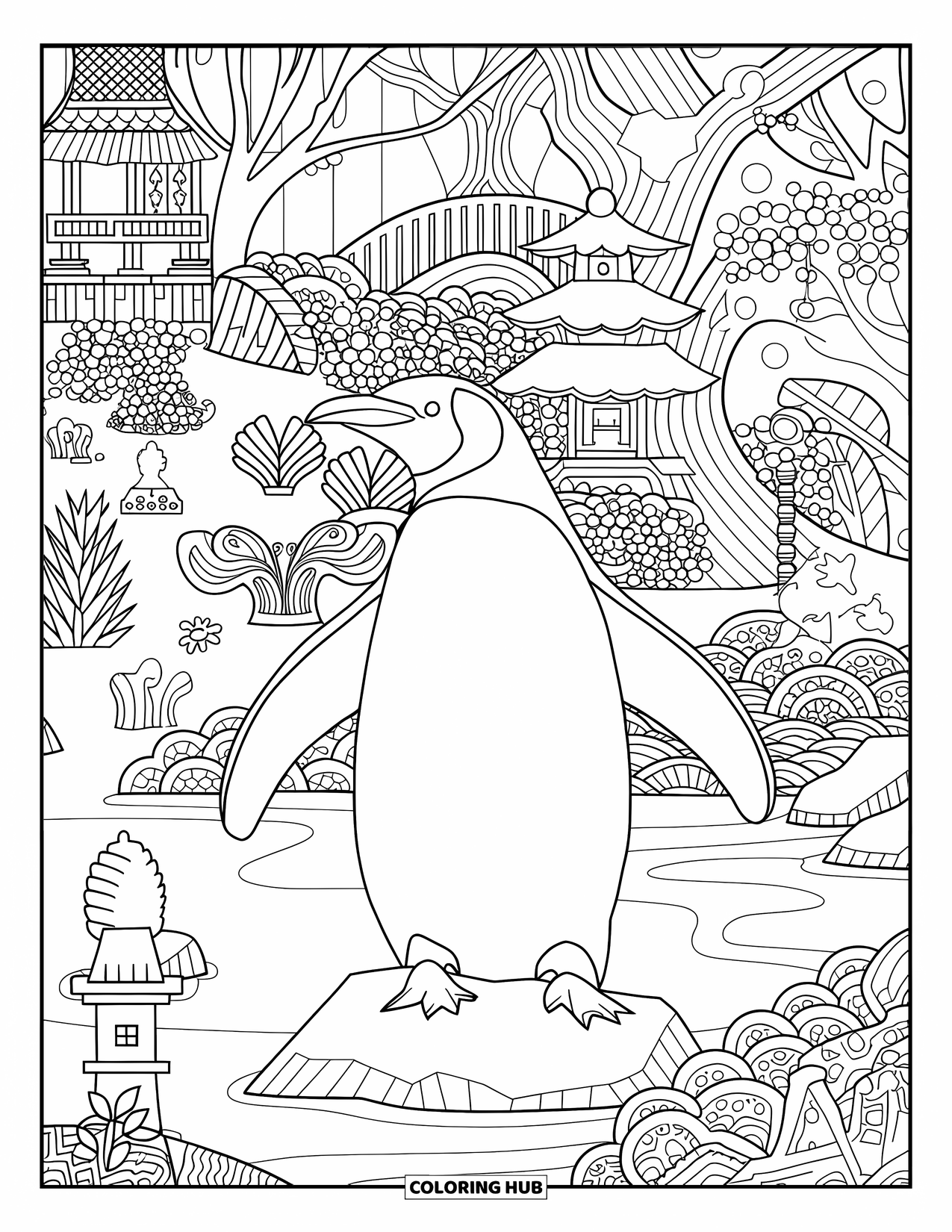 Penguin Coloring Page for Adults: A detailed penguin stands in a garden filled with decorative plants, bridges, and lanterns
