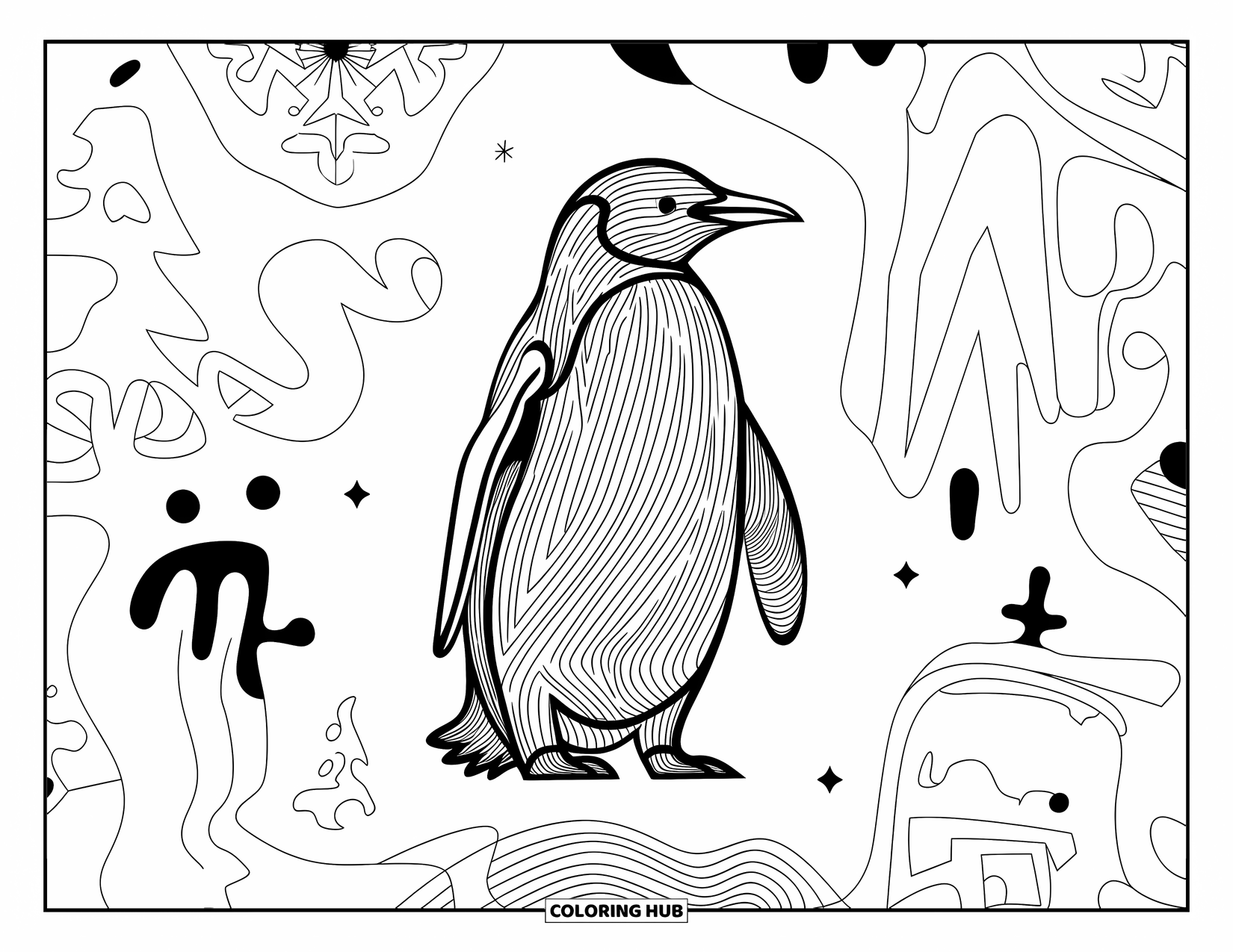 Penguin Coloring Page for Adults: A finely detailed penguin is set against an abstract background of snowflakes and trees