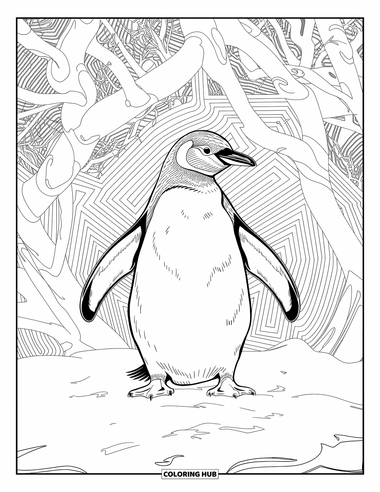 Penguin Coloring Page for Adults: A finely drawn penguin stands among intertwining tree branches and swirling line patterns