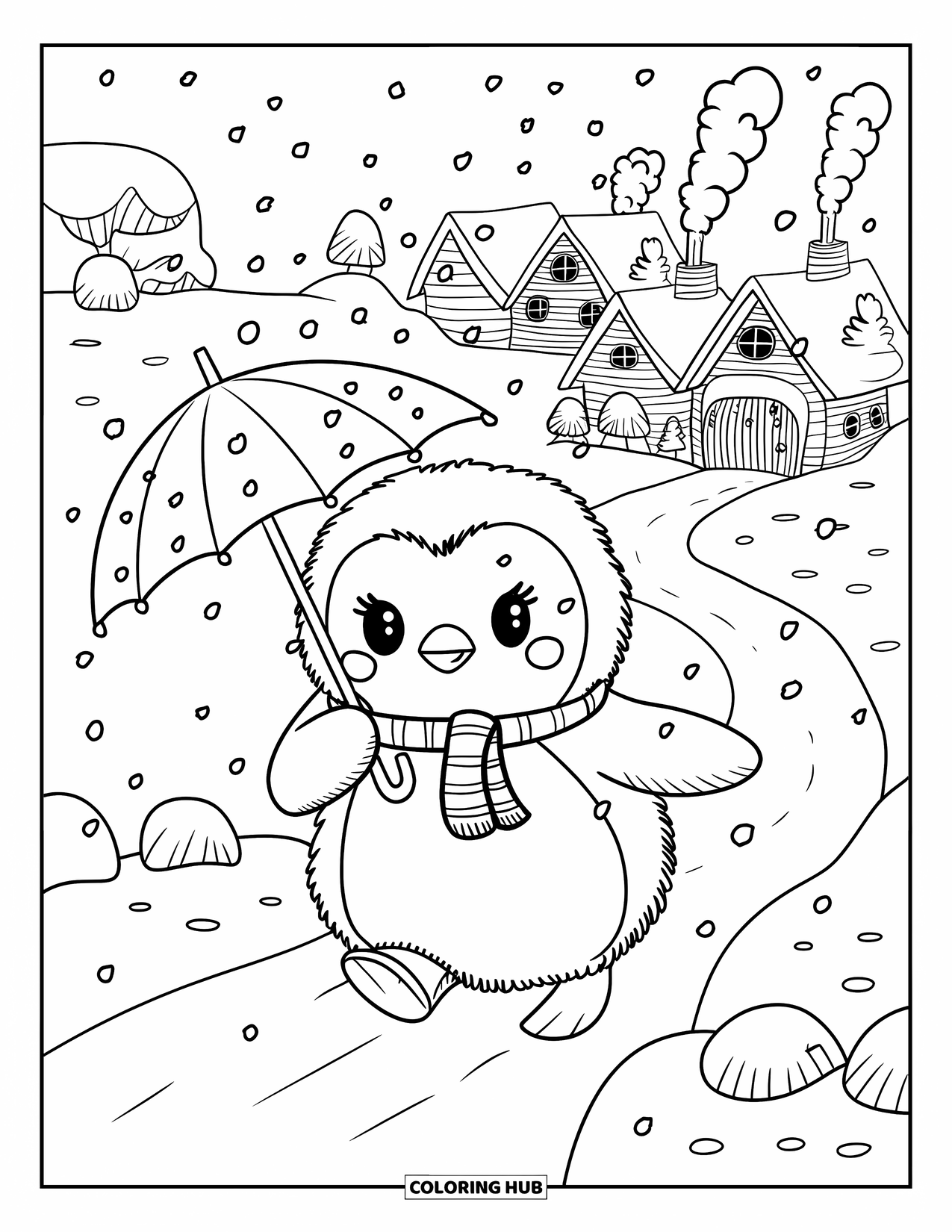 Penguin Coloring Page for Adults: A fluffy penguin in a scarf walks toward a cozy house, holding a tiny umbrella