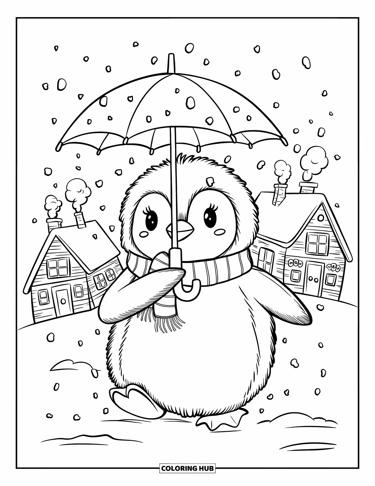 Penguin Coloring Page for Adults: A fluffy penguin waddles through falling snow, holding an umbrella and wearing a scarf