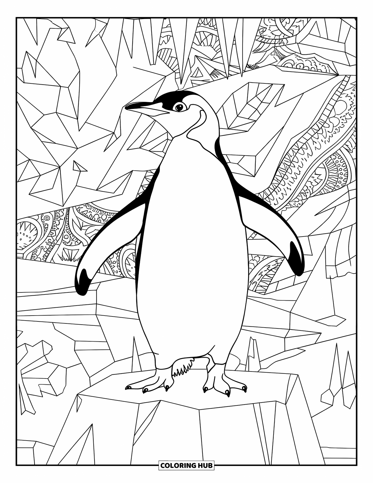 Penguin Coloring Page for Adults: A graceful penguin balances on an ice block, surrounded by decorative ice formations