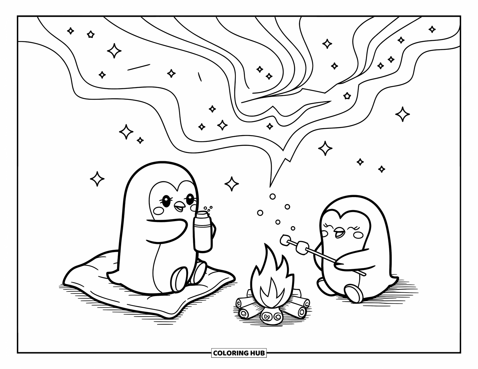 Penguin Coloring Page for Adults: A kawaii penguin sits by a campfire, watching the northern lights with a warm drink