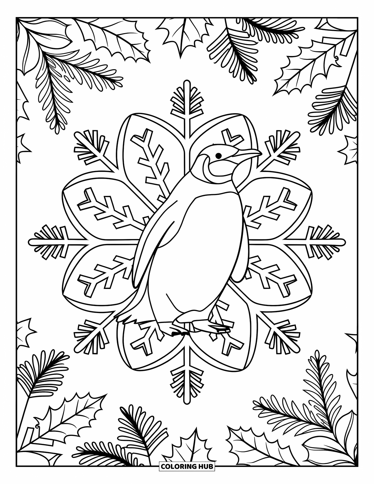 Penguin Coloring Page for Adults: A mandala-style penguin stands on a snowflake, surrounded by ornamental winter designs